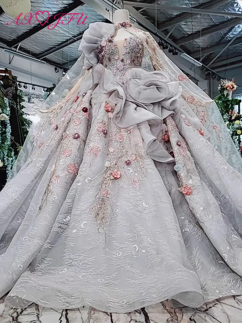 AXJFU роскошное серое кружевное свадебное платье принцессы без бретелек, украшенное бисером, кристаллами, большой розой, с вышивкой, розовая роза, накидка, настоящая фотография