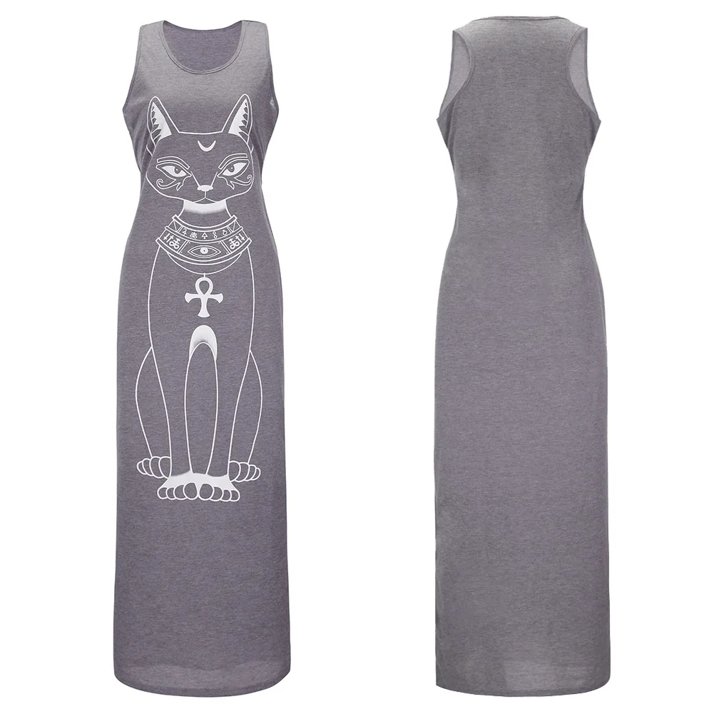 

Women Long Sleeve Skinny Round Neck Slim Fit Pencil Dresses Summer Sleeveless Casual Elegant Cotton Maxi Bodycon Cat Print Dress