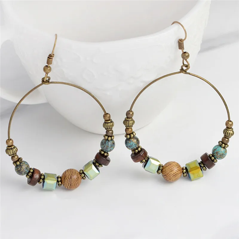 1Pair Bronze Color Bead Jewelry Bohemian Hoop Earrings Women Fashion Big Circle Earing Women