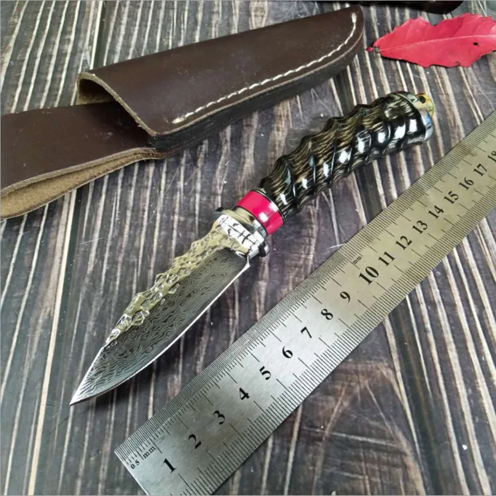 

Sharp Fixed blade Hunting Knife Handmade forged Damascus Steel camping knifeblade 58HRC leather handle survival Tactical tool