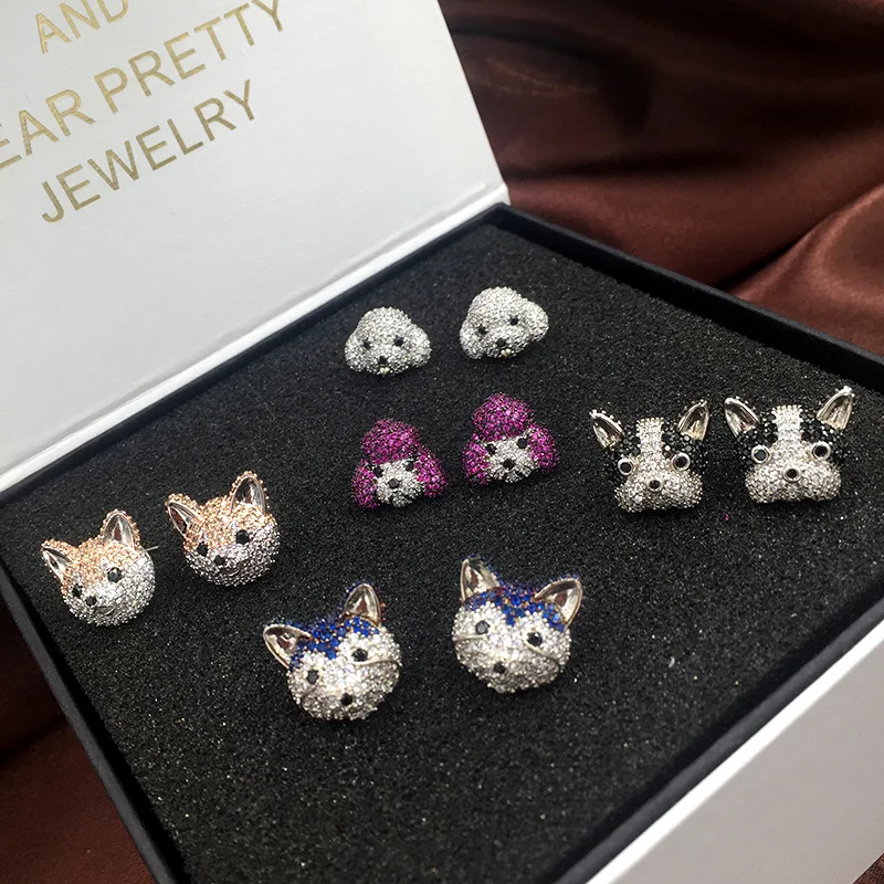 

1 Pair AAA Cubic Zirconia Super cute pet dog ear stud microinlay husky poodle bichon fun animal earrings Women Jewelry