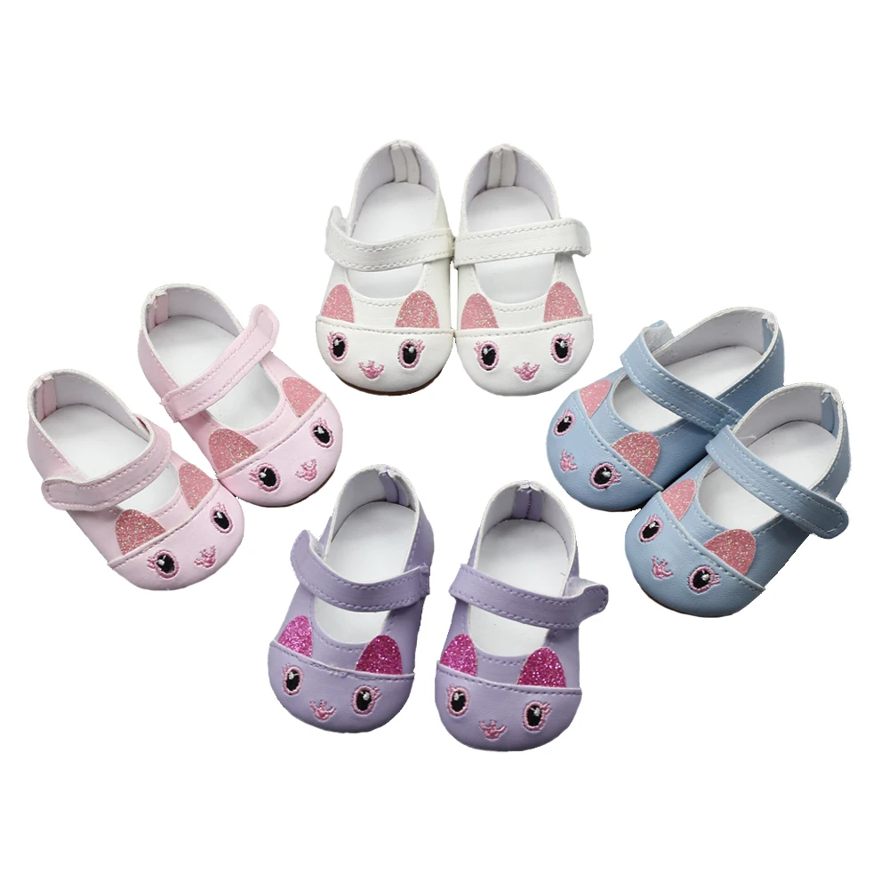 

1pair Doll Shoes Pu Leather 7CM Shoes For 18 Inch Girl Doll And 43cm Baby Dolls Cute Cat Princess Shoes toys