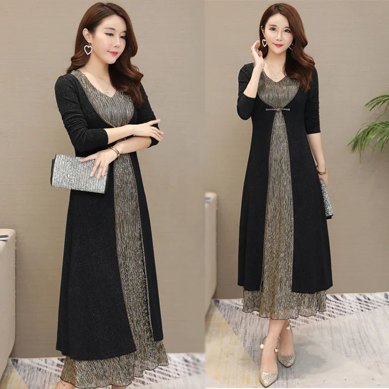 

L-4XL Plus Size Korean Women Dress A-line Office Lady Sweet Temperament High Quality Spring Solid Ankle Length Dress FR06