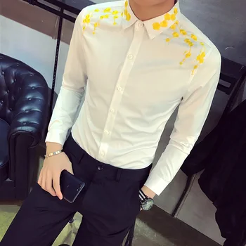 

shopkeeper wind 2018 autumn winter Korean version of men's long sleeve shirt plum embroidery hairstylist night club P55