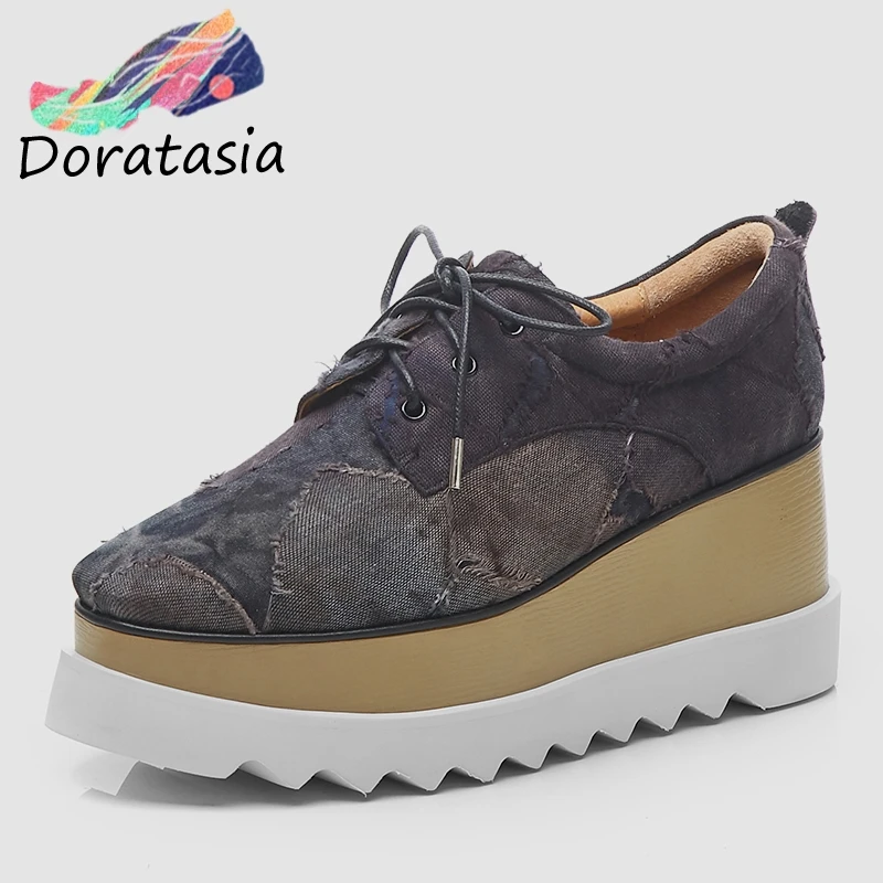 

DORATASIA 2019 Spring New Patch Denim Thick Platform Shoes Women Comfortable Leather Lining Sneakers High Heels Women Footwear