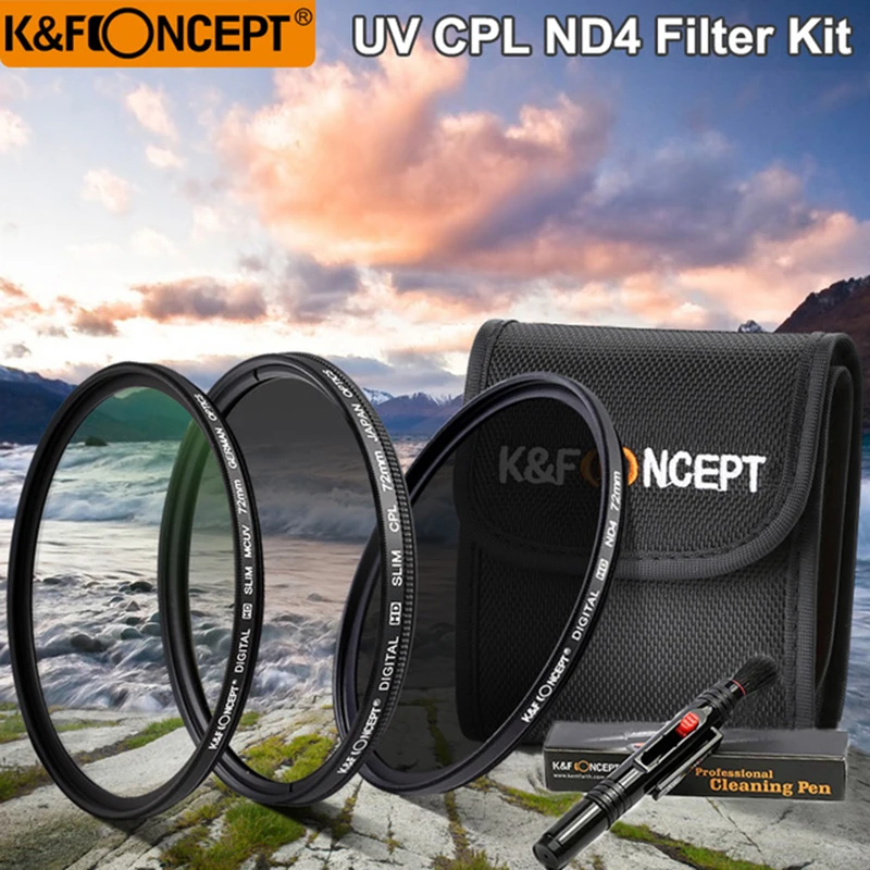 K& F CONCEPT UV+ CPL+ ND4 Комплект фильтров объектива+ чехол для фильтров+ ручка для очистки объектива 52/58/62/67/72/77 мм для цифровой зеркальной камеры Nikon Canon sony DSLR Камера