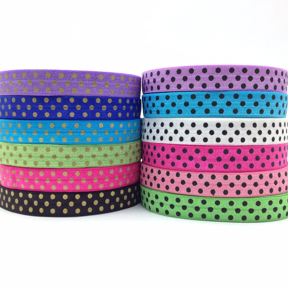 

New Arrived 5/8" Polka Dot Print Fold Over Elastic 10 yards FOE Elastic Ribbon for Girls Hair Tie DIY Head wear Wholesale