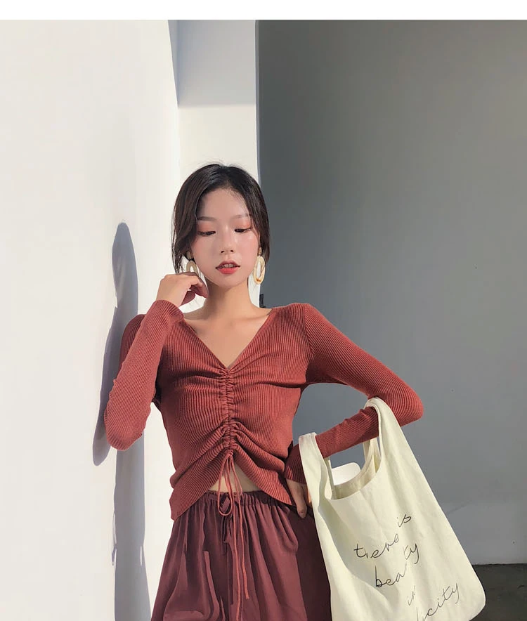 AOSSVIAO Sexy lace up knitting pullover top Fashion autumn winter sweater women Chic pink V-neck knit slim jumper pull femme