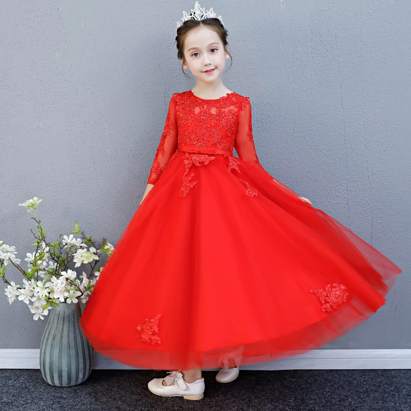

2018 High Quality Children Girls Red Color Birthday Wedding Party Half Sleeves Princess Lace Prom Dress Kids Teens Piano Dress