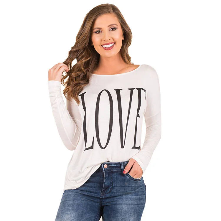 

Bambooby 2017Autumn Long Sleeve LOVE Letter Print O-Neck Casual Tee shirt For Lady Women Pink White Black Top TeesFC160