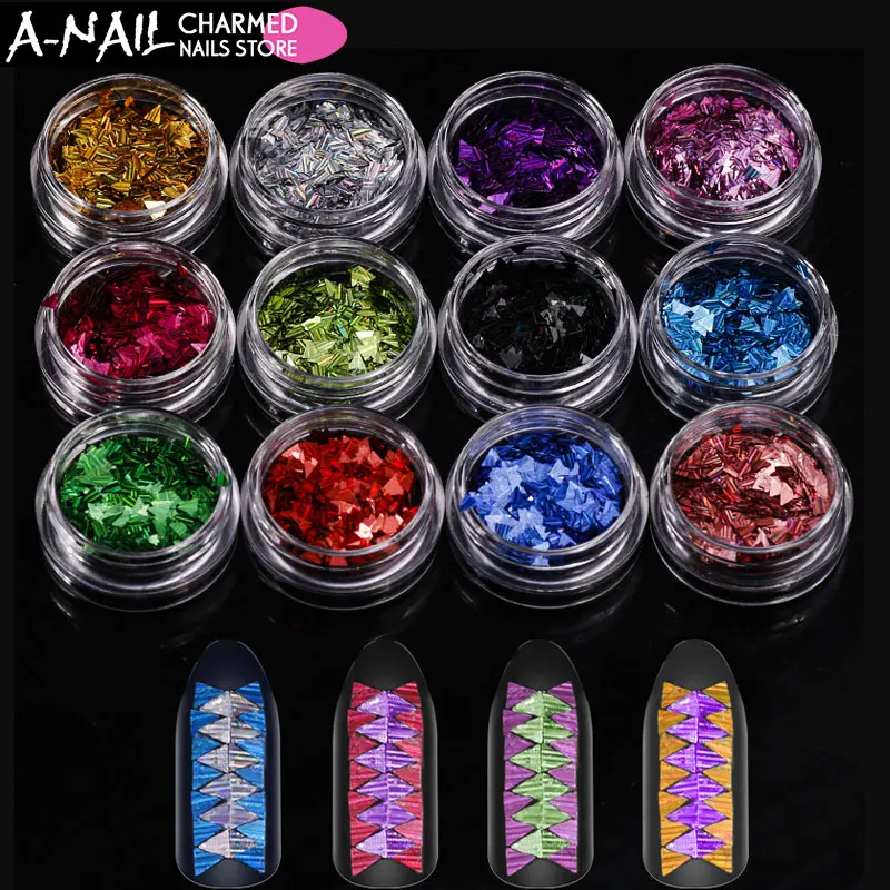 

12boxes/set triangle holographic Nail Confetti Ultra thin Sequins Paillette Nail tips Flakes Stripe Slice Decoration Accessories