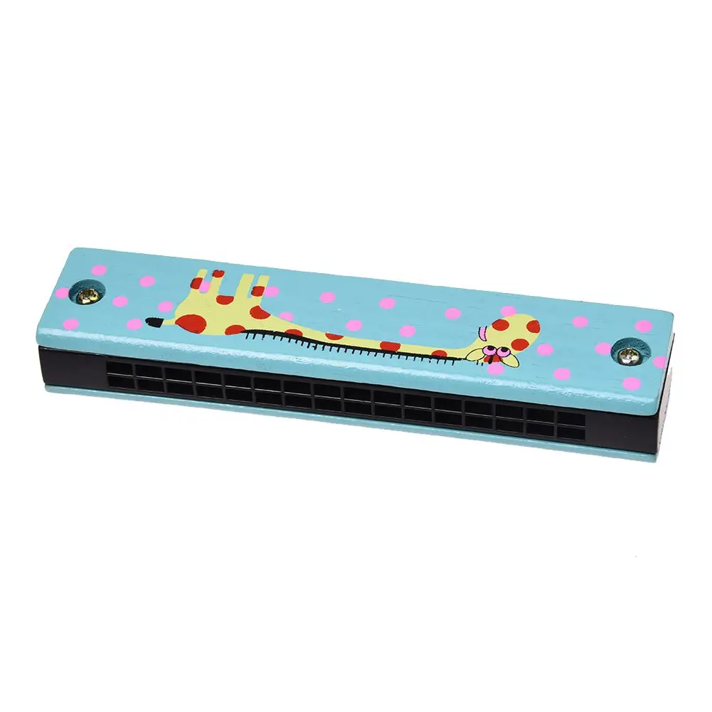 

HOT Wooden giraffe pattern dual series 32 hole harmonica child blue