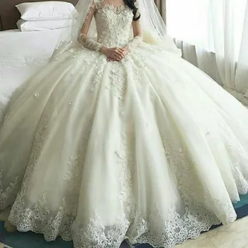 

Sexy Arabic Full Sleeves Ball Gown Romantic Applique Flower Floor Length Wedding Party Dress