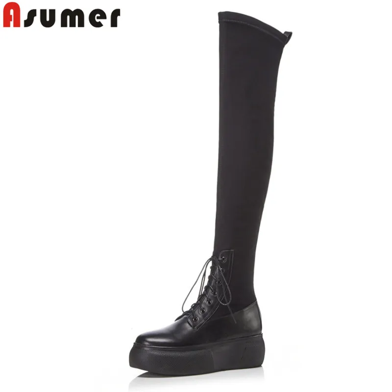 

ASUMER 2020 fashion autumn winter boots women round toe zip stretch fabric+cow leather boots flat platform over the knee boots