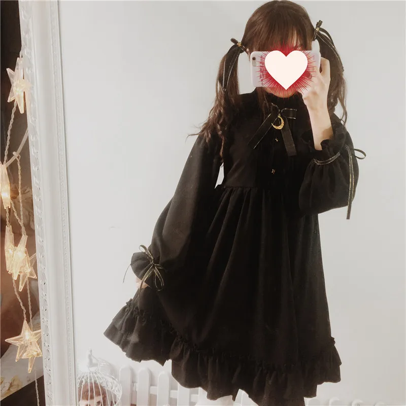 Милое женское черное готическое платье в стиле Лолиты с бантом из ленты, плотное шифоновое платье с круглым воротником, цельное платье