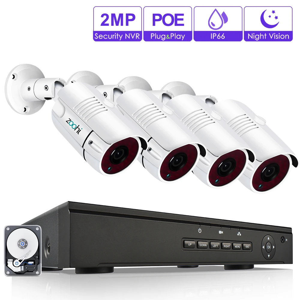 

Zoohi 1080P Surveillance Camera System Kits 48V POE NVR Kit 2.0MP HD IP Camera Waterproof Night Vision Security Camera System