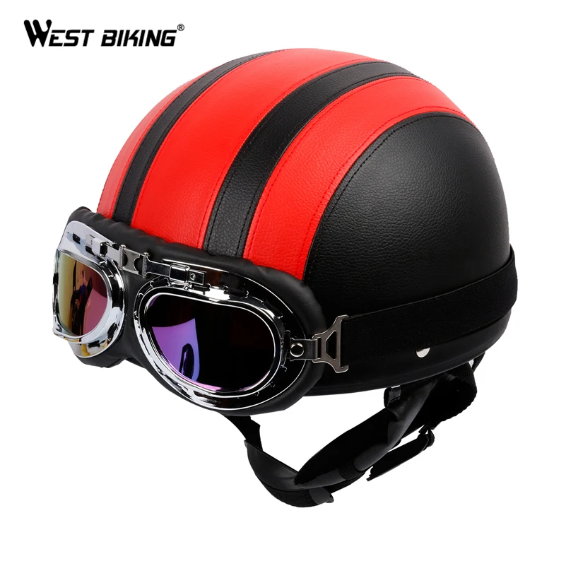 

WEST BIKING PU Leather Motorcycle Helmets Bike Bicycle Helmet Open Half Face with Visor Goggles for Men and Women Bicycle Helmet
