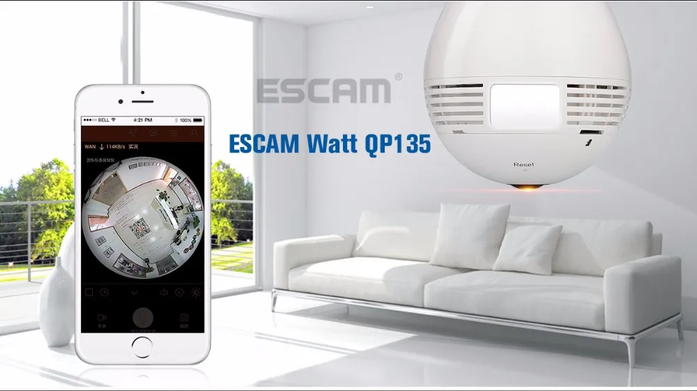 NEW ESCAM Watt QP135 Bulb Type Panoramic WIFI IP Camera H.264 1.3MP Two Way Audio Motion Detection Support 128G TF Card (7)