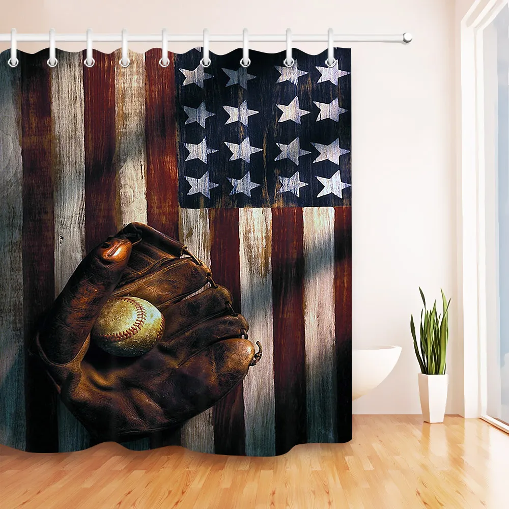 US Flag Honor Baseball Shower Curtain Waterproof Polyester Bath Fabric