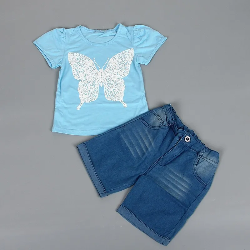 Комплекты летней Одежда для маленьких девочек из хлопка с героями мультфильмов Детский костюм комплекты детской одежды набор одежды футболка+ джинсовые шорты; комплект для детей