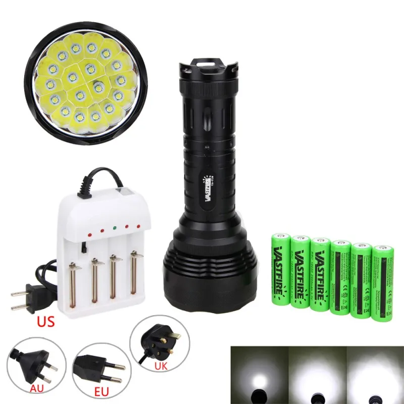 

Super bright 5000LM 18x XM-L T6 LED 5 Modes Tactical Flashlight Hunting Torch Light with 6*18650+ Charger