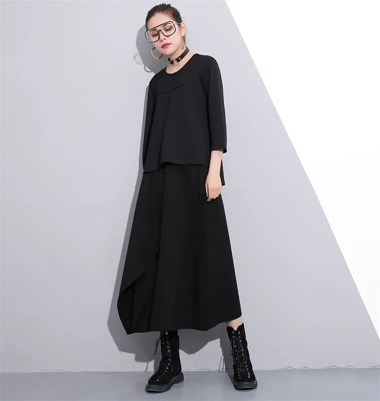 [EAM] новая весенняя юбка с высокой эластичной талией, черная юбка с неровным подолом, свободная юбка с большим подолом, женская мода, JE52401M