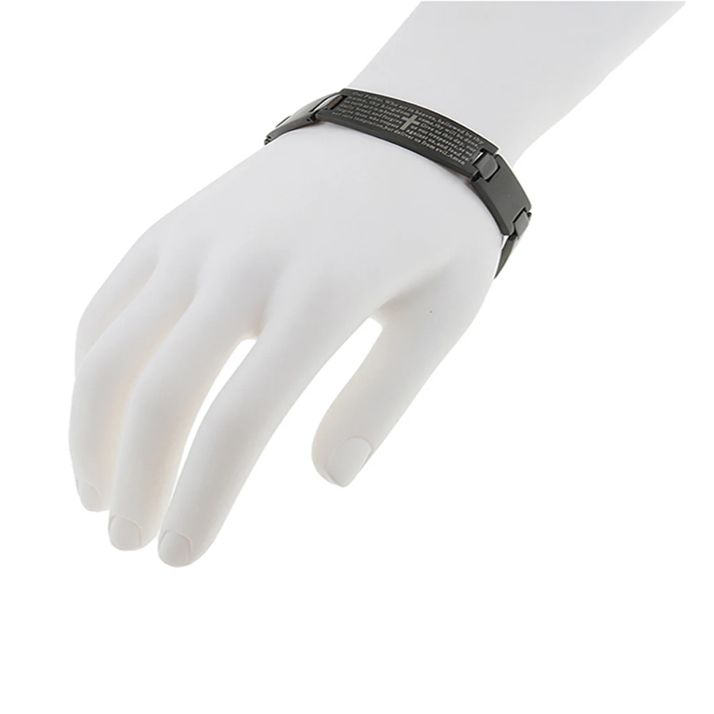 Men Women Charm Cuff Wristband Stainless Steel Bracelet with Engraved English Lord's Prayer Bible Cross Pattern 21x1.5cm