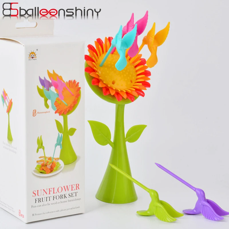 

BalleenShiny PP Sunflowers 5pcs/set Birds Fork with Holder Colorful Dessert Cake Fruit Mini Forks Kitchen Tableware Decor Gift