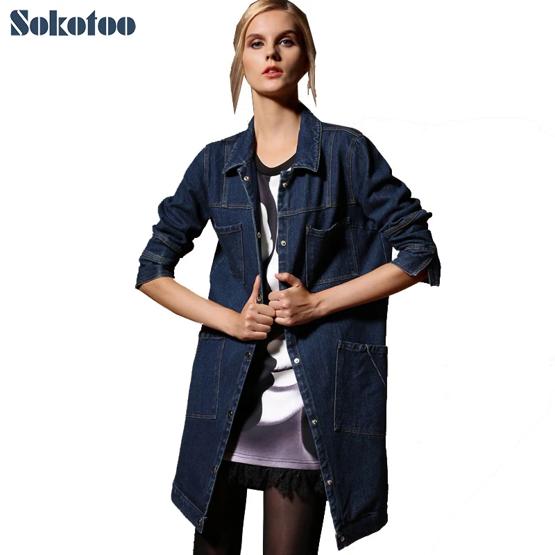 Buy Sokotoo Women's loose medium long denim overcoat Lady's boyfriend trench
