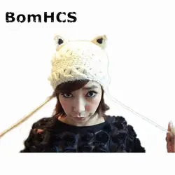 BomHCS милые зимние Для женщин толстый кабель вязать шапочки ручной работы ухо муфты Дьявол Рога Кот уха Кепки Hat