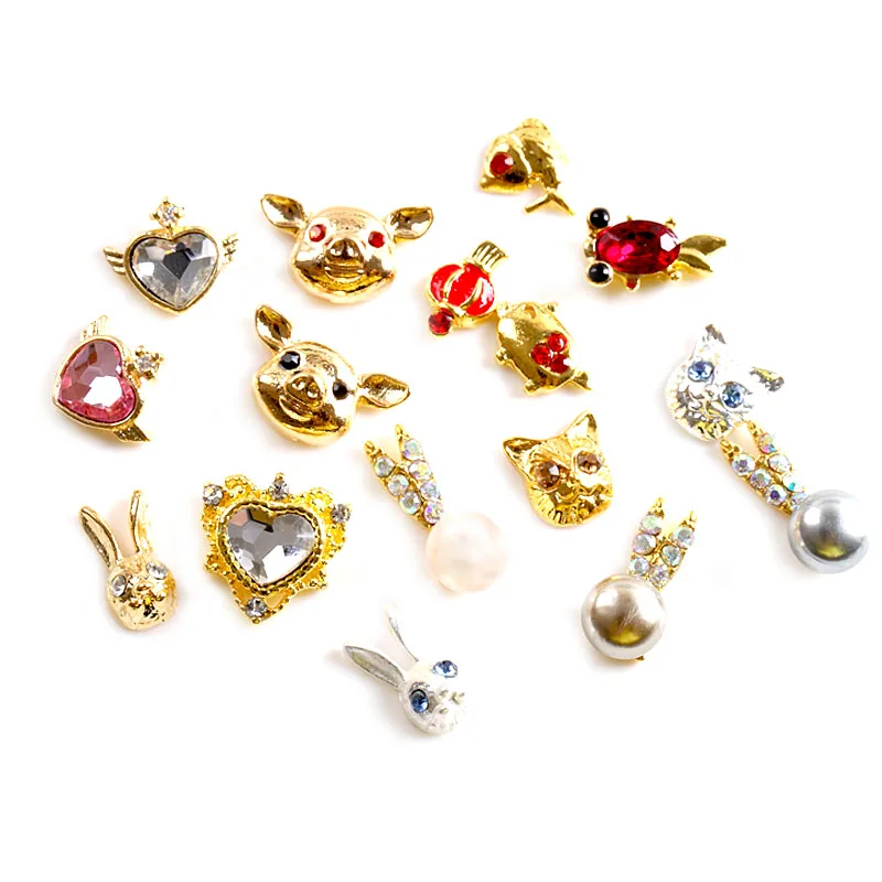 10pcs/lot New Year Feature Alloy Heart Fish Pig Rabbit Cat Head Nail Art 3d Jewelry Rhinestones Nail Tips Decorations