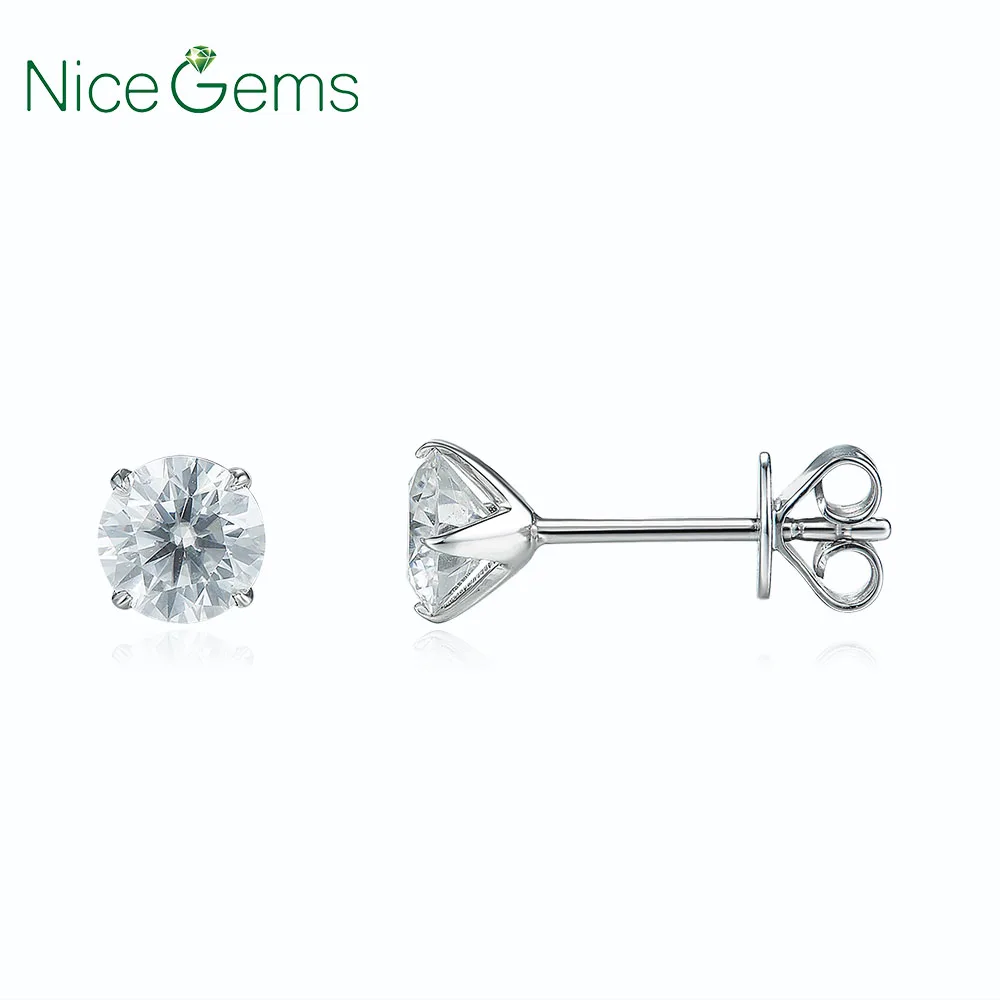 Solid 14K 585White Gold E F Color Round Moissanite Diamond Stud Earring Push Back For women Classic Ladies Earrings | Украшения и