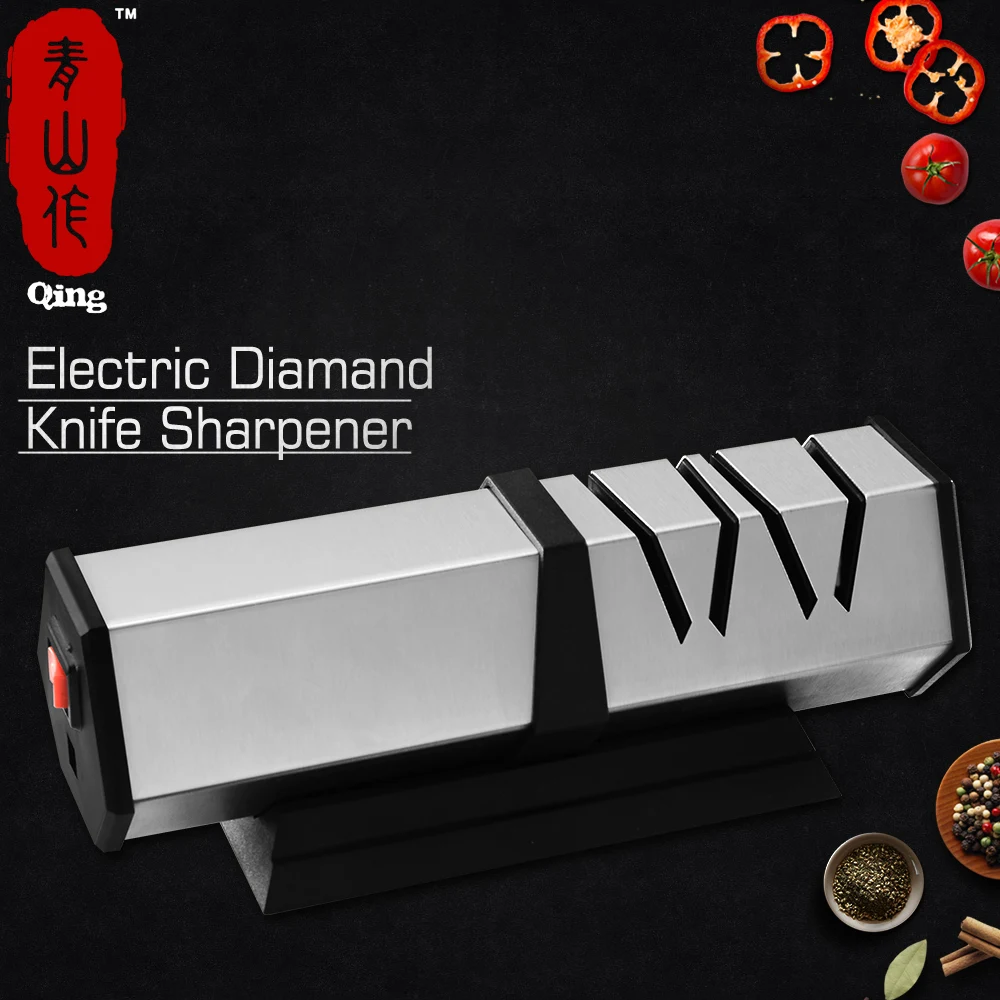 

Qing Electric Knife Sharpener Two Stages Diamond Kitchen Sharpening 2 Slot Electric Diamond Steel Ceramic Home Knives Sharpener