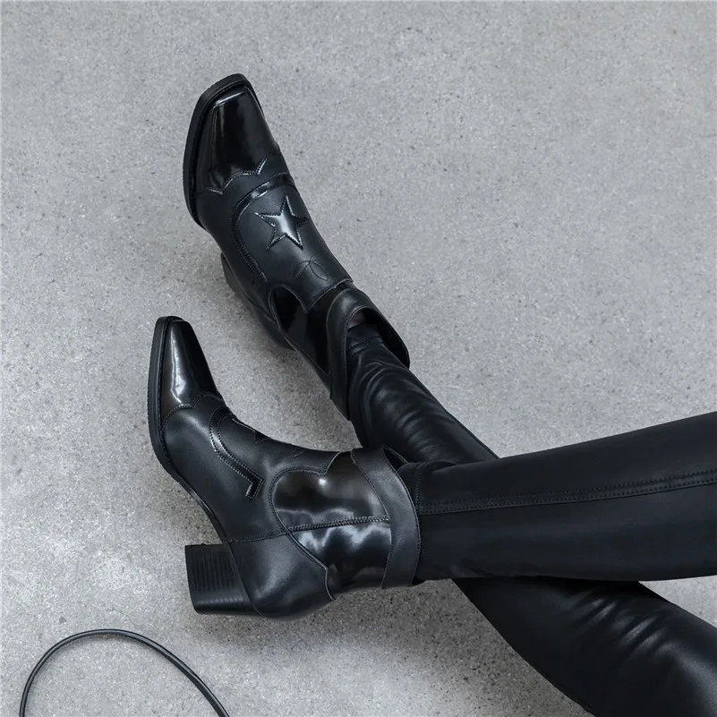 Meotina/осенние ботинки в западном стиле; женские ботильоны из натуральной кожи на высоком квадратном каблуке; обувь с квадратным носком; женская зимняя обувь; размеры 34-39