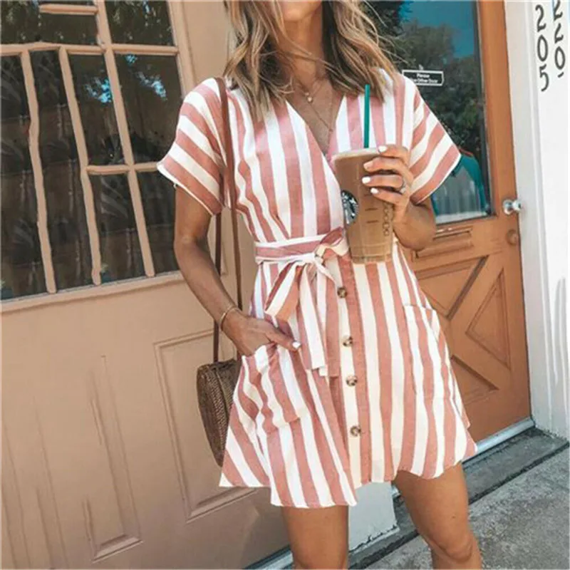 

Women Dress Striped Shirt Dress Fashion Women Summer Short Sleeve Tunic V Neck Sexy Shirt Summer Dress V-neck Summer New
