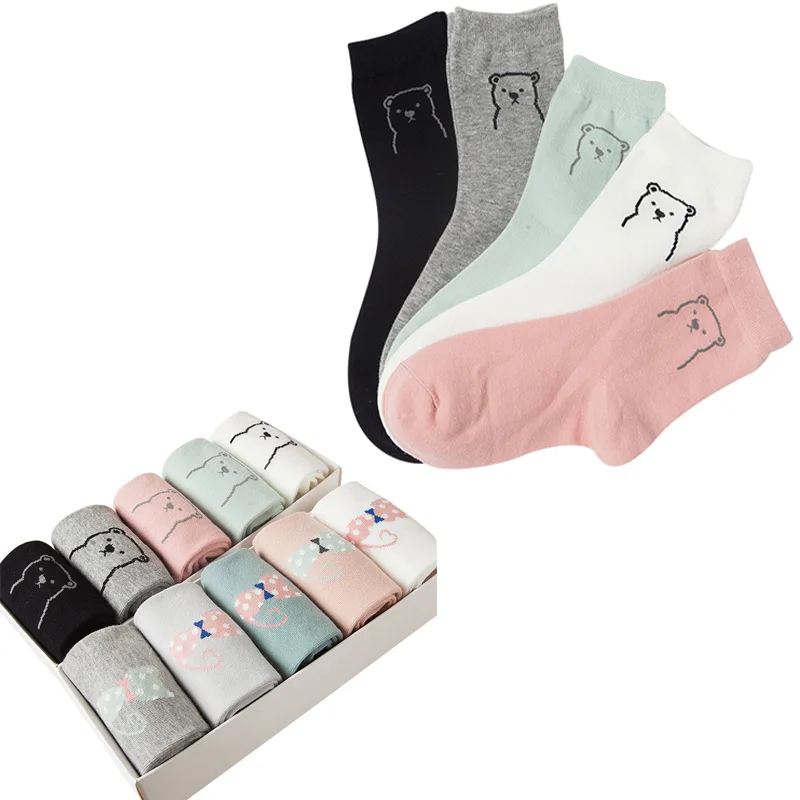 

5pair Women Socks 2019 New Spring Autumn Female Socks Korean Vintage Cartoon Bear Box Gift Casual Jacquard Cotton Sock Meias Sox