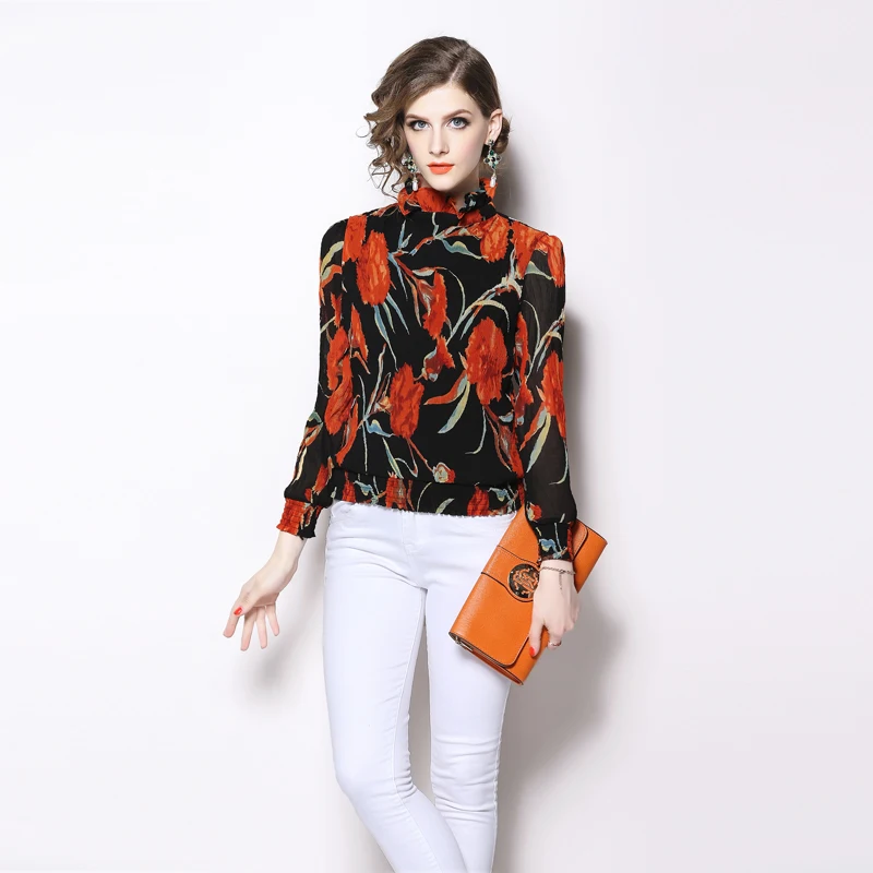 

High Quality Womens Tops And Blouses Flower Print Ruffles Fashion Office Shirt Ladies Blusas Mujer De Moda 2018 Blouse Women
