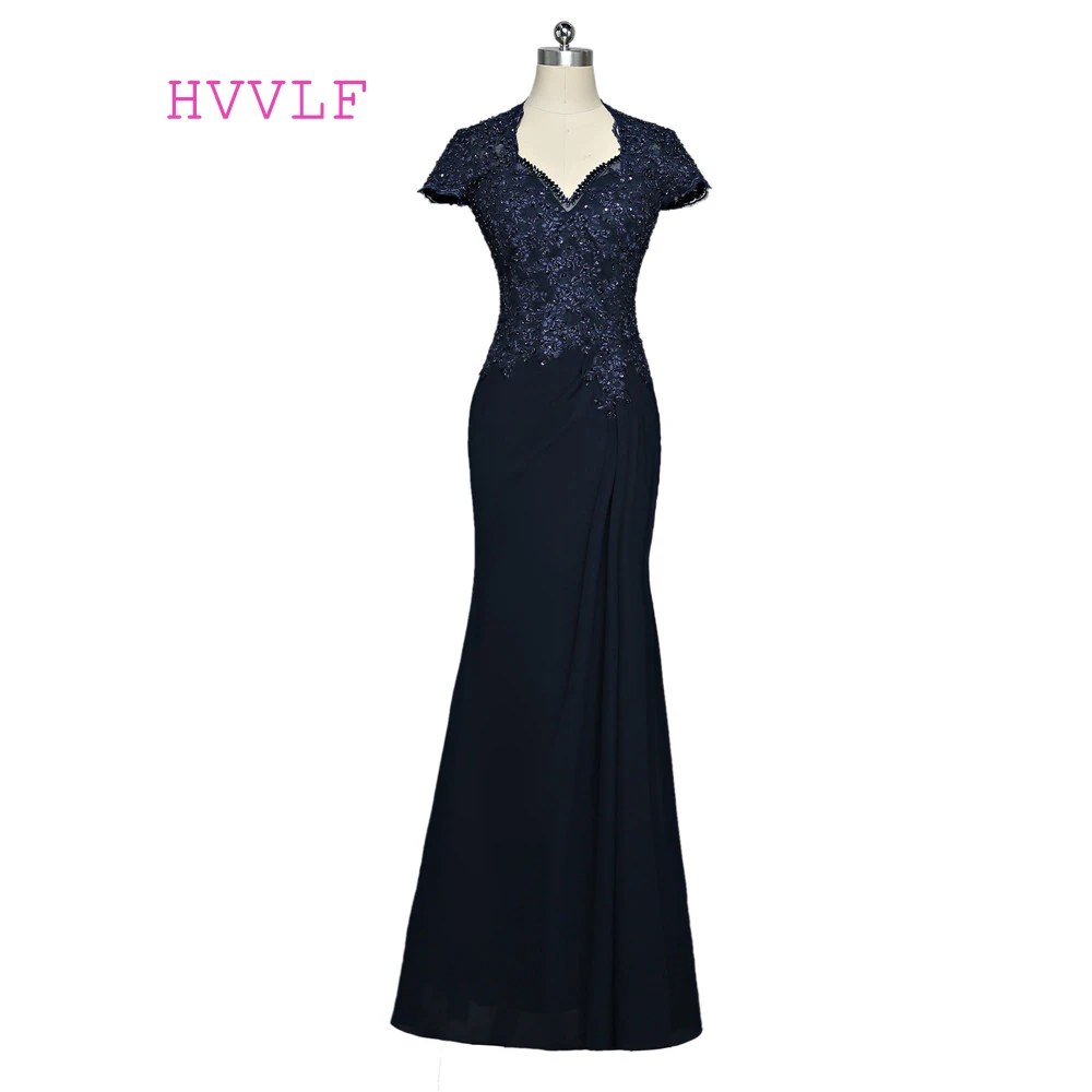 

Navy Blue 2019 Mother Of The Bride Dresses Mermaid Cap Sleeves Chiffon Lace Long Evening Dresses Mother Dresses For Wedding