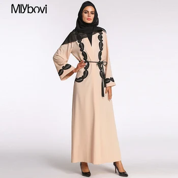 

2018 Apricot Muslim Womens chic edge Embroidery abaya middle east gowns Casual Maxi Female O neck long sleeve Ladies Vetsidos
