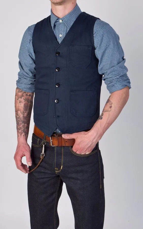 Casual Style Navy Blue Vests For Men 