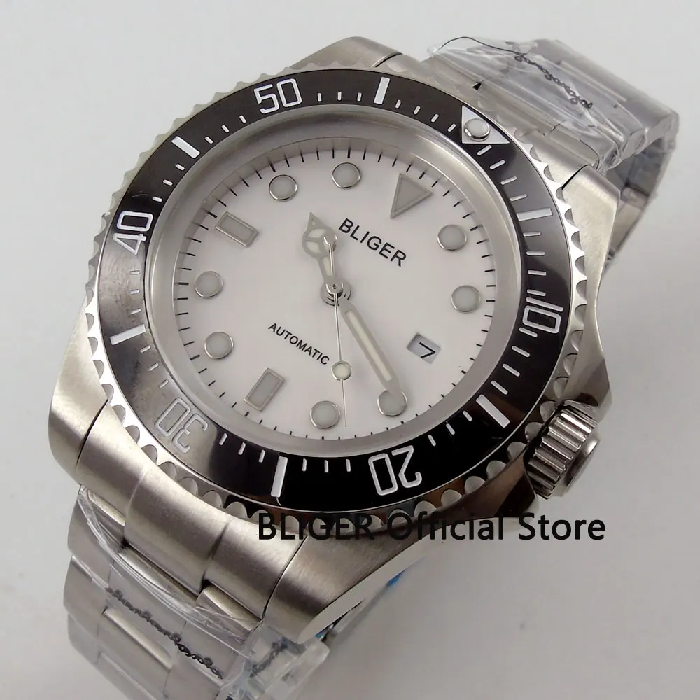 

BLIGER 44mm White Dial Black Ceramic Rotating Bezel Luminous Marks Stainless Case Miyota Automatic Movement Men's Watch B67