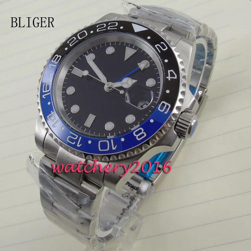 

new 43mm bliger black dial blue & black ceramic bezel white number GMT Automatic Movement Men's business Mechanical Wristwatches