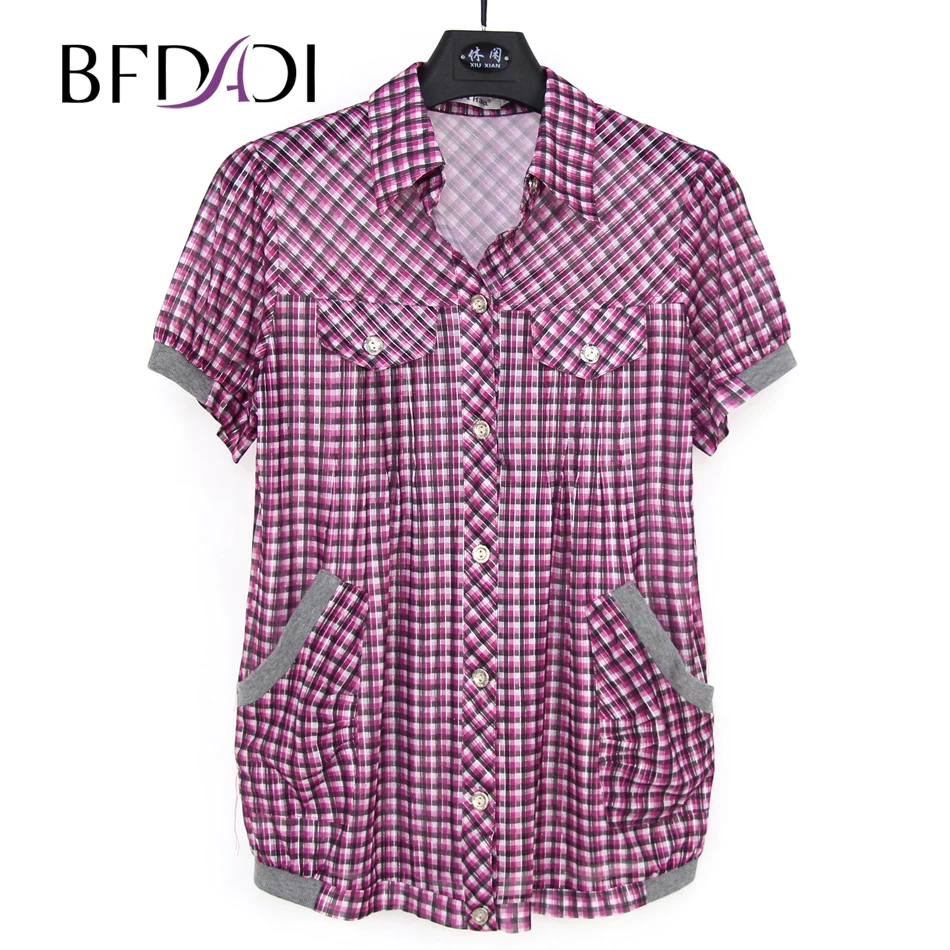Najtaniej BFDADI 2017 Summer kobiet Plaid Casual Bluzki lapel Kr oacute;tkim rękawem Oddychające oczek tkaniny Duży Rozmiar Bluzki 9221