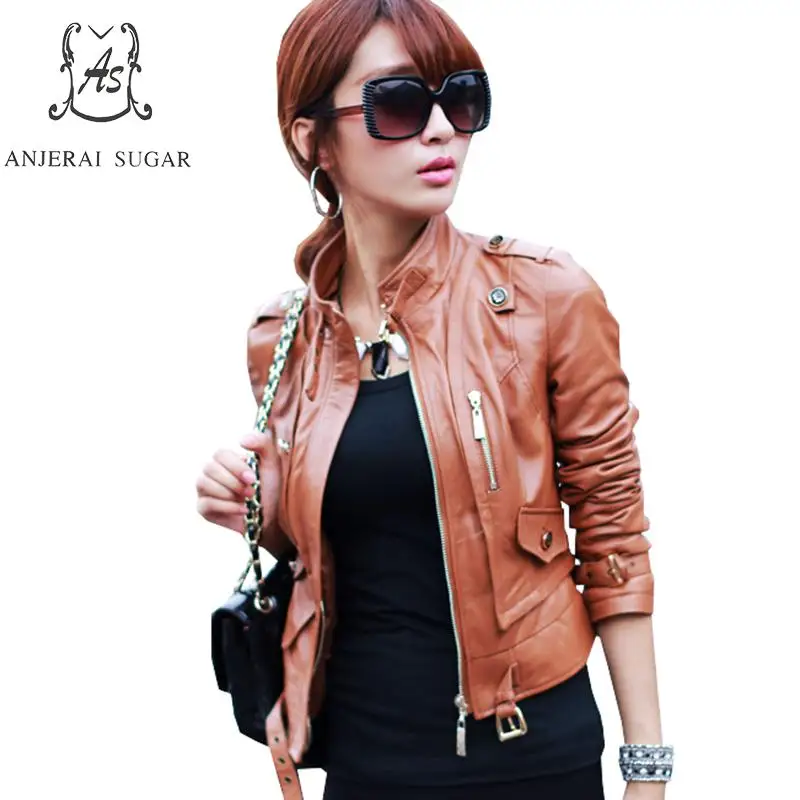 

Spring new Sheepskin Genuine Leather jacket women Casual motorcycle brown sexy slim zipper OL office female short jackets coat