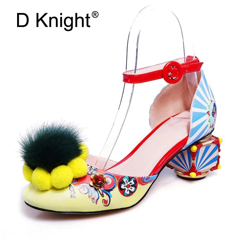 

Women Sandals Fashion Print Strange Heel Pumps Fur Ball Metal Decoration 2018 Summer Ladies Dress Party High Heels Shoes Woman