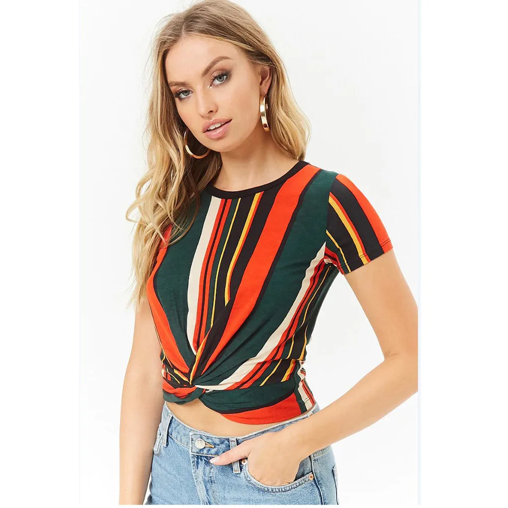 

feitong 2019 summer Female tops Women Fashion Sexy stripe Print Sling Short Sleeveless Ruffle Vest Slim T-shirt chemise femme