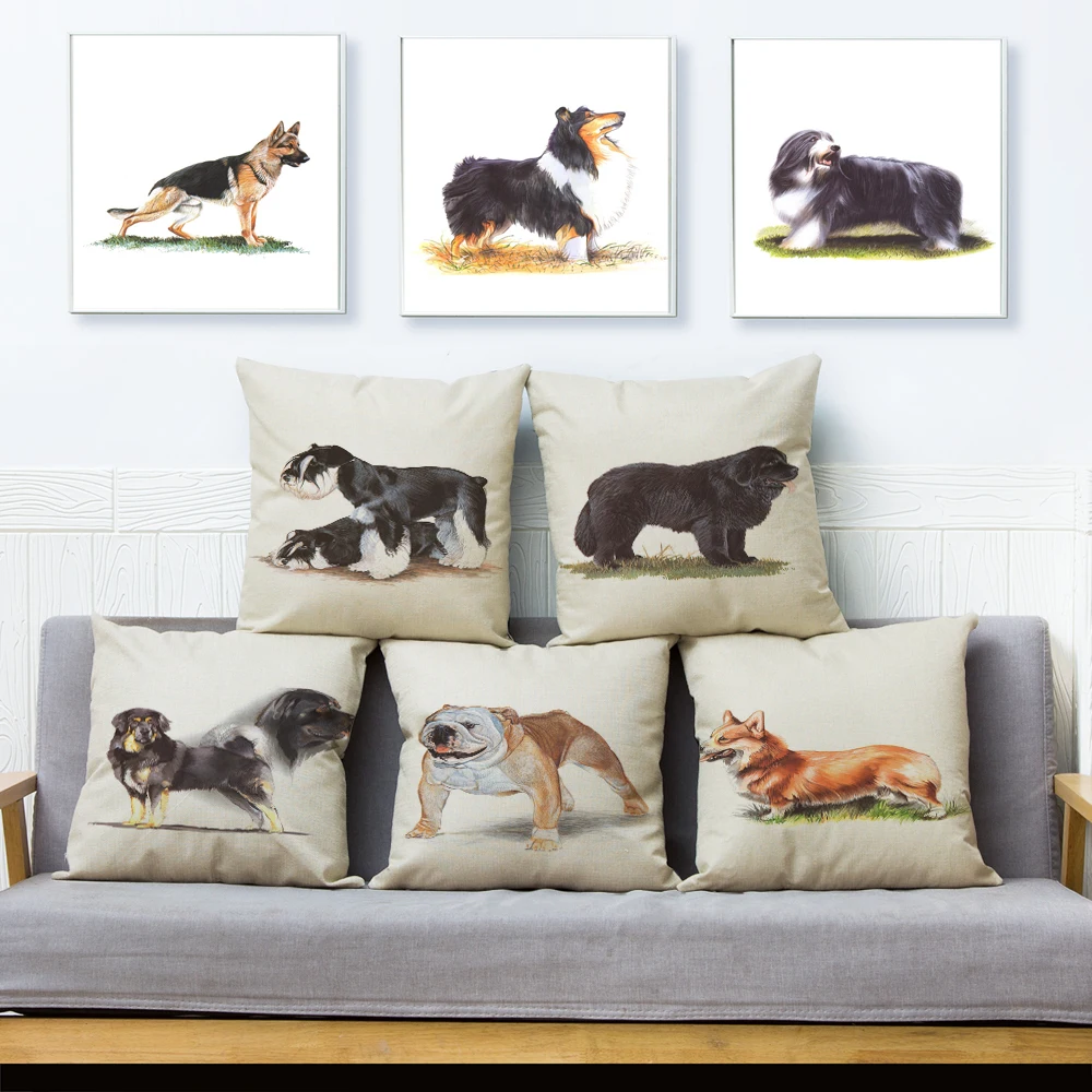 

Hand Painted Pet Dog Cushion Cover Linen Pillows Covers 45*45cm Throw Pillow Case Car Home Decor Cartoon Animal Pillowcase