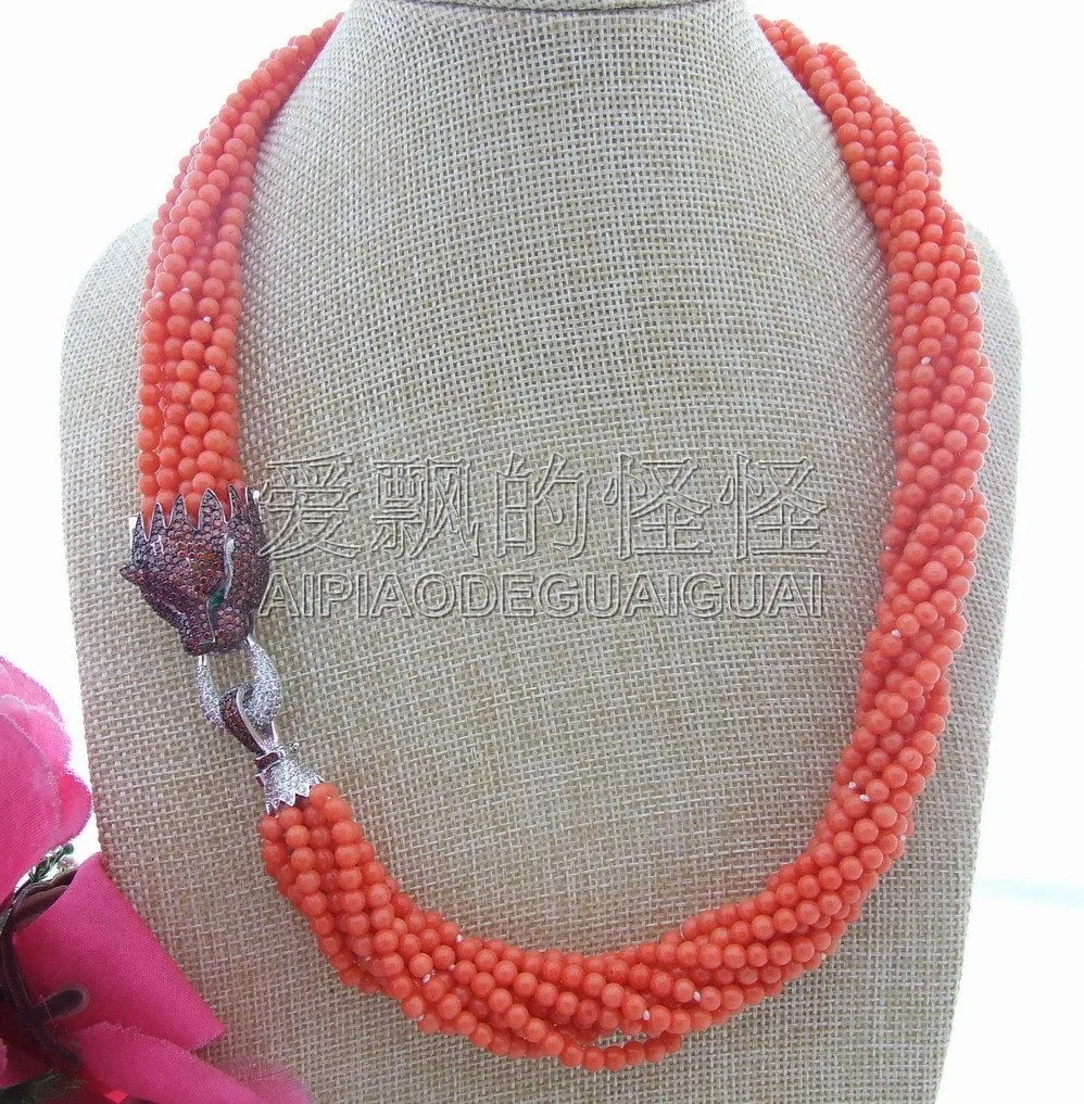 

N040303 10Strands Round Orange Coral&Cz Clasp Necklace