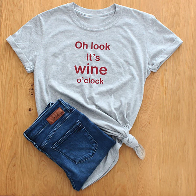 

Skuggnas Summer Women Tops Cotton Oh Look It's Wine O'Clock Wine Lover Funny Tumblr Tee Shirt Instagram 90's White Grey T shirt