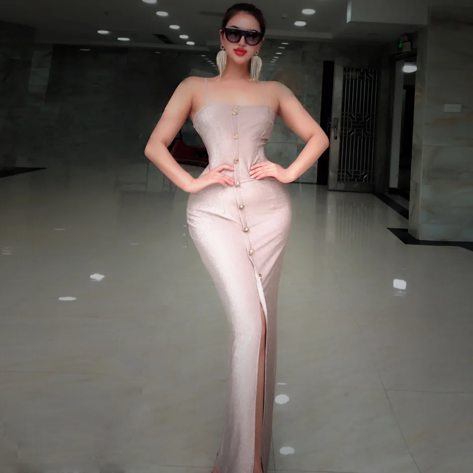 Стрейч Metallic Maxi Платье облегающее вечерние Для женщин Спагетти ремень